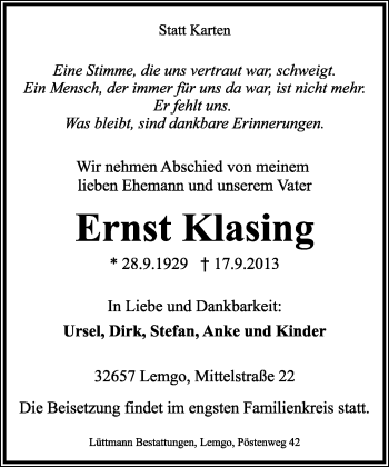 Anzeige  Ernst Klasing  Lippische Landes-Zeitung