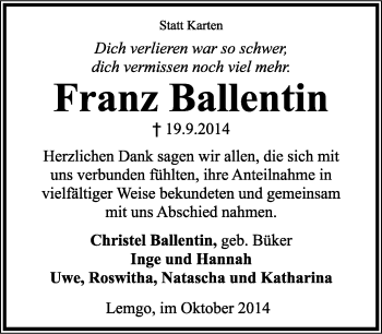 Anzeige  Franz Ballentin  Lippische Landes-Zeitung