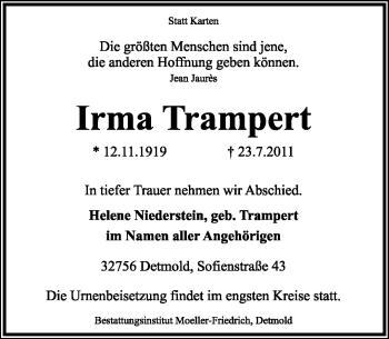 Anzeige  Irma Trampert  Lippische Landes-Zeitung