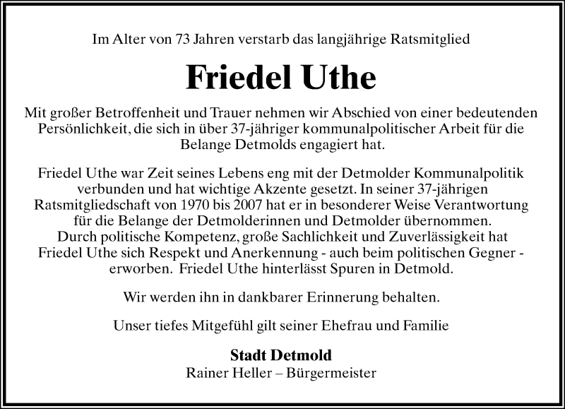  Traueranzeige für Friedel Uthe vom 11.10.2014 aus Lippische Landes-Zeitung