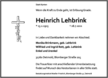 Anzeige  Heinrich Lehbrink  Lippische Landes-Zeitung