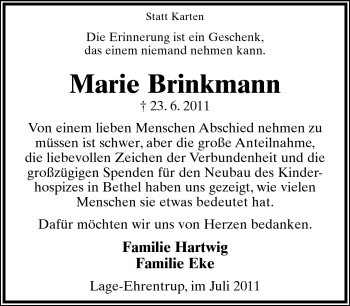 Anzeige  Marie Brinkmann  Lippische Landes-Zeitung
