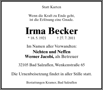 Anzeige  Irma Becker  Lippische Landes-Zeitung