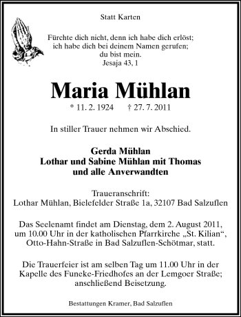 Anzeige  Maria Mühlan  Lippische Landes-Zeitung