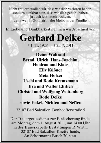Anzeige  Gerhard Deike  Lippische Landes-Zeitung