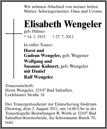 Anzeige  Elisabeth Wengeler  Lippische Landes-Zeitung
