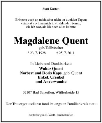 Anzeige  Magdalene Quent  Lippische Landes-Zeitung