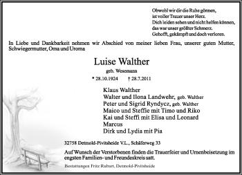 Anzeige  Luise Walther  Lippische Landes-Zeitung