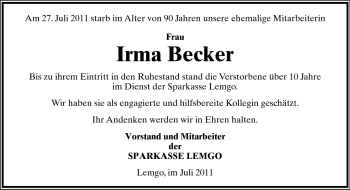 Anzeige  Irma Becker  Lippische Landes-Zeitung
