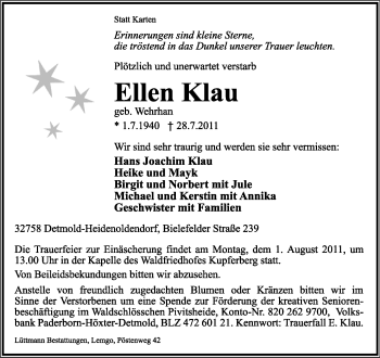 Anzeige  Ellen Klau  Lippische Landes-Zeitung
