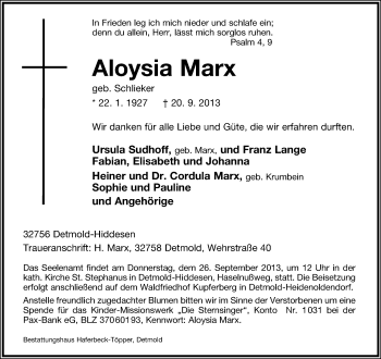 Anzeige  Aloysia Marx  Lippische Landes-Zeitung