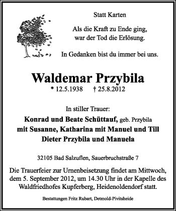 Anzeige  Waldemar Przybila  Lippische Landes-Zeitung