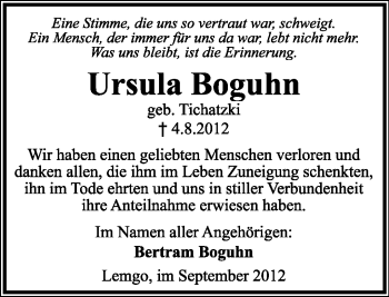 Anzeige  Ursula Boguhn  Lippische Landes-Zeitung