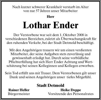 Anzeige  Lothar Ender  Lippische Landes-Zeitung