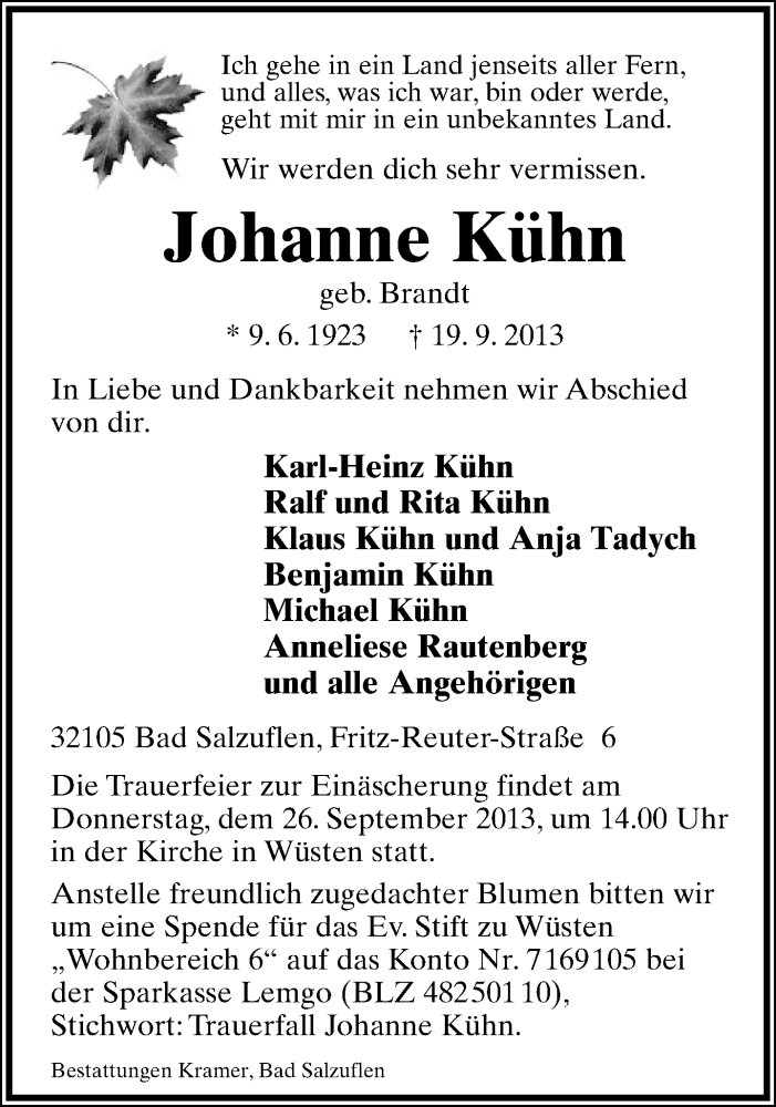  Traueranzeige für Johanne Kühn vom 23.09.2013 aus Lippische Landes-Zeitung