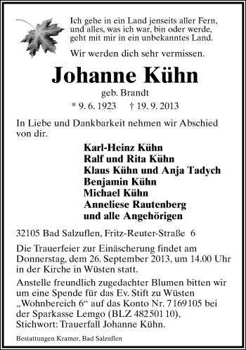 Anzeige  Johanne Kühn  Lippische Landes-Zeitung