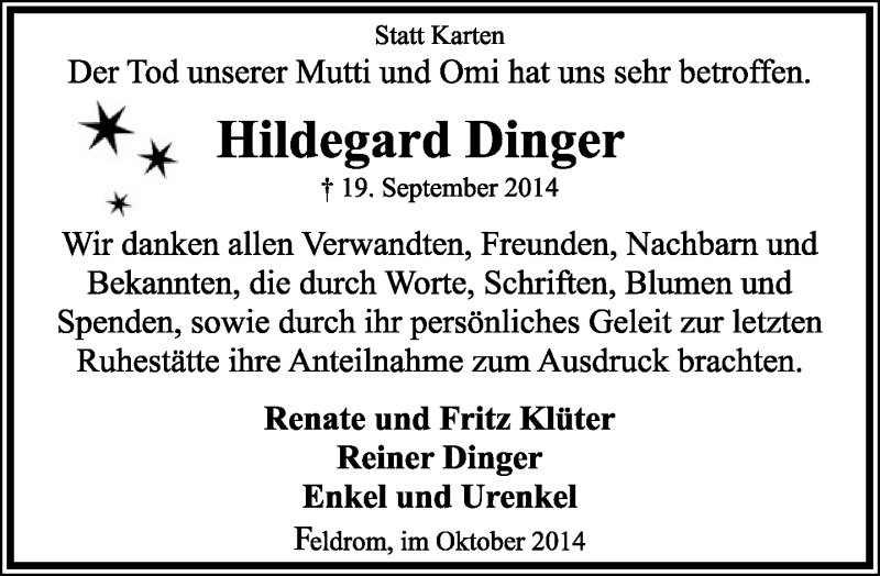  Traueranzeige für Hildegard Dinger vom 25.10.2014 aus Lippische Landes-Zeitung