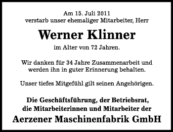 Anzeige  Werner Klinner  Lippische Landes-Zeitung