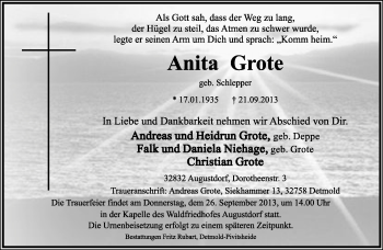 Anzeige  Anita Grote  Lippische Landes-Zeitung