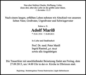 Anzeige  Adolf Mariß  Lippische Landes-Zeitung