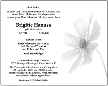 Anzeige  Brigitte Hanusa  Lippische Landes-Zeitung