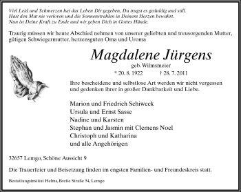 Anzeige  Magdalene Jürgens  Lippische Landes-Zeitung