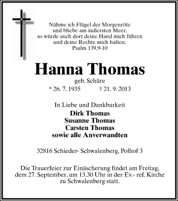 Anzeige  Hanna Thomas  Lippische Landes-Zeitung