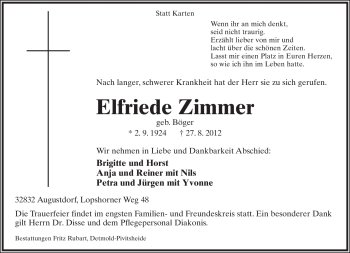 Anzeige  Elfriede Zimmer  Lippische Landes-Zeitung
