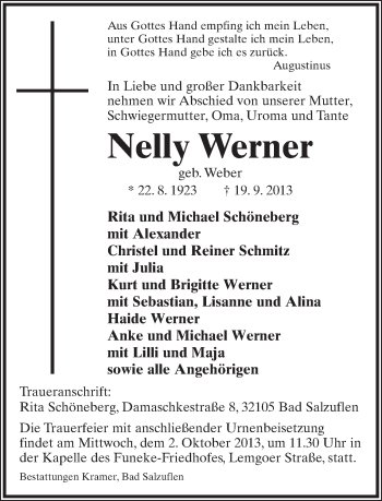 Anzeige  Nelly Werner  Lippische Landes-Zeitung