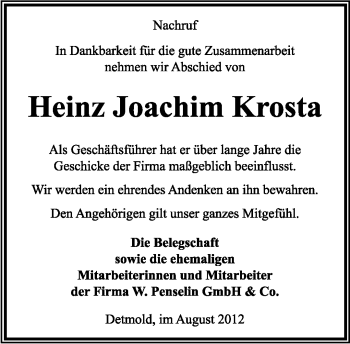 Anzeige  Heinz Joachim Krosta  Lippische Landes-Zeitung