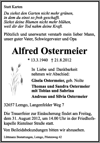 Anzeige  Alfred Ostermeier  Lippische Landes-Zeitung