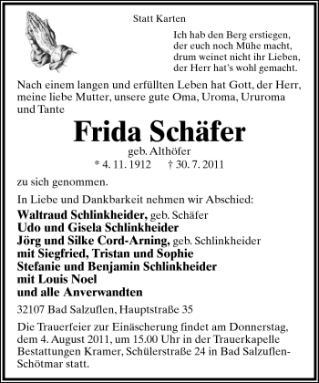 Anzeige  Frida Schäfer  Lippische Landes-Zeitung
