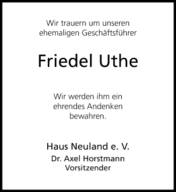 Anzeige  Friedel Uthe  Lippische Landes-Zeitung