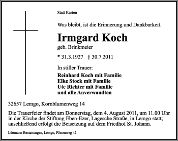 Anzeige  Irmgard Koch  Lippische Landes-Zeitung