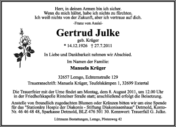 Anzeige  Gertrud Julke  Lippische Landes-Zeitung