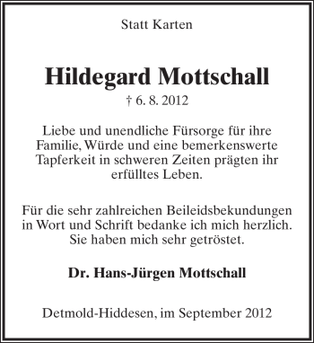 Anzeige  Hildegard Mottschall  Lippische Landes-Zeitung