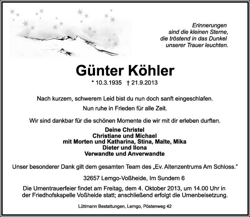  Traueranzeige für Günter Köhler vom 28.09.2013 aus Lippische Landes-Zeitung