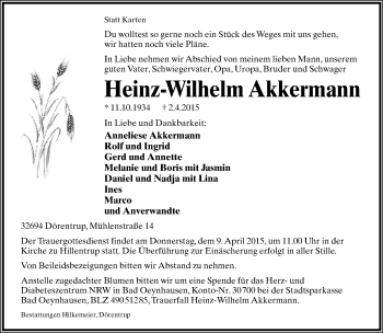 Anzeige  Heinz Wilhelm Akkermann  Lippische Landes-Zeitung