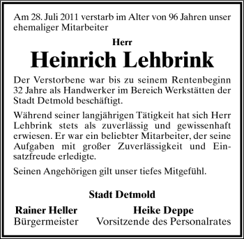 Anzeige  Heinrich Lehbrink  Lippische Landes-Zeitung