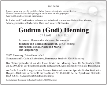 Anzeige  Gudrun Henning  Lippische Landes-Zeitung