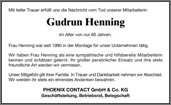 Anzeige  Gudrun Henning  Lippische Landes-Zeitung