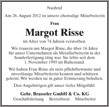 Anzeige  Margot Risse  Lippische Landes-Zeitung