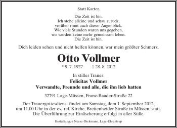Anzeige  Otto Vollmer  Lippische Landes-Zeitung
