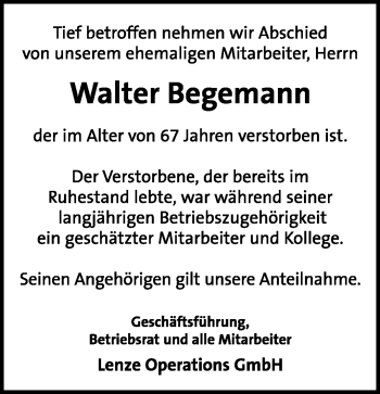Anzeige  Walter Begemann  Lippische Landes-Zeitung