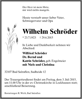 Anzeige  Wilhelm Schröder  Lippische Landes-Zeitung