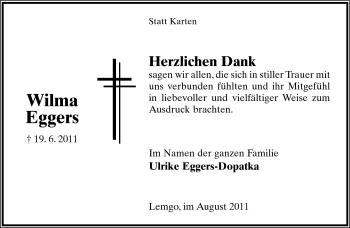 Anzeige  Wilma Eggers  Lippische Landes-Zeitung