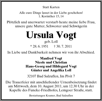 Anzeige  Ursula Vogt  Lippische Landes-Zeitung