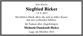 Anzeige  Siegfried Bicker  Lippische Landes-Zeitung