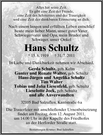 Anzeige  Hans Schultz  Lippische Landes-Zeitung