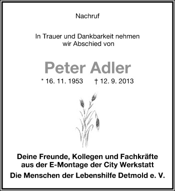Anzeige  Peter Adler  Lippische Landes-Zeitung